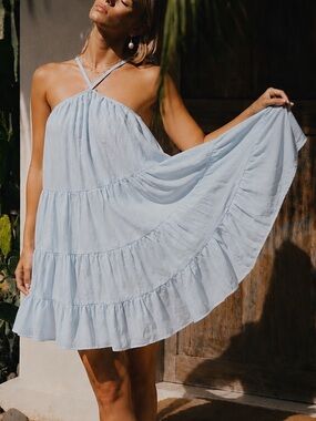 Lost Ink Cami Tiered Blue Swing Summer Dress Swing Halter dress w Volume Skirt